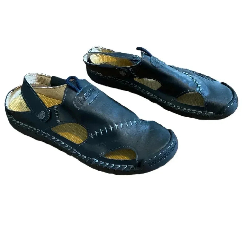 Black Leather Sandals With Stitch Detailing Velcro Strap Casual‎ Size 42